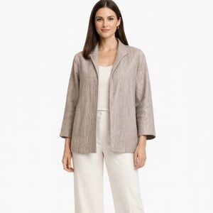 Eileen Fisher Silk Blend Textured Crinkle Weave Open Front Jacket Pockets Sz L💛